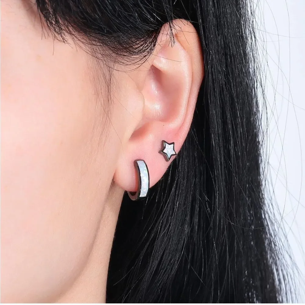 14K Black Gold with Genuine White Fire Opal Huggie Star Stud Earrings Set of 2